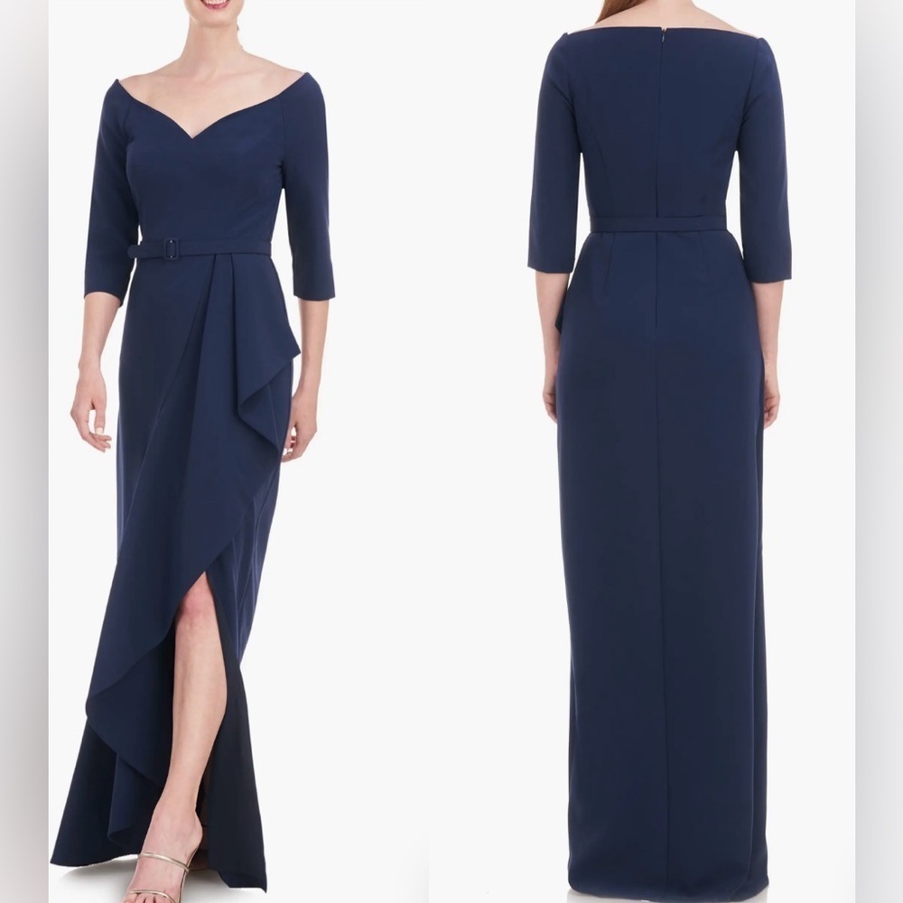 NWOT Kay Unger Belted Isolde Column Gown 3/4 sleeves Dark Midnight Size 6